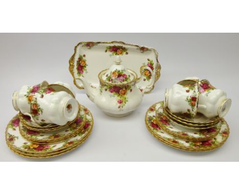 Royal Albert 'Old Country Roses' teaware for six persons comprising; teapot, six cups, saucers & tea plates and a sandwich pl