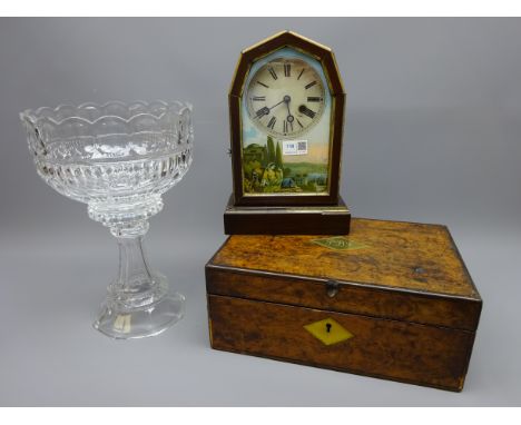 American mantel clock glass front with continental landscape scene, large moulded glass centre piece and Victorian figured wa