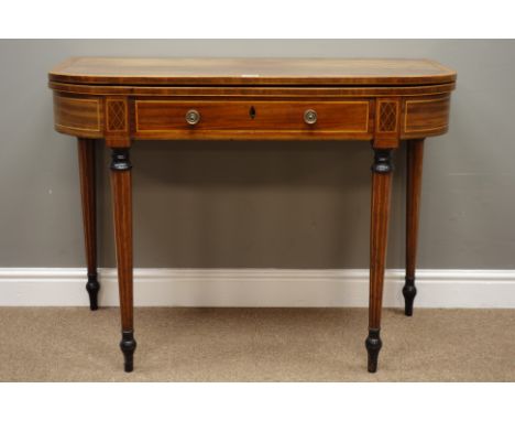 Early 19th century mahogany Sheraton period D shaped tea table, folding rounded rectangular top cross banded in satinwood, si