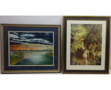 'Eventide Anglers', acrylic on canvas board signed and dated 1999 by C. Owen 41.5cm x 54.5cm and 'The Bathers', ltd. ed colou