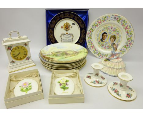 Coalport Ming Rose pattern mantel clock and a pair of candlesticks, Doulton figure 'Daydreams', set of eight Royal Doulton 'S