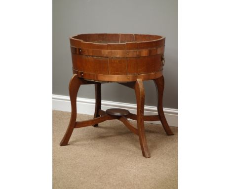 Early 20th century oval oak and metal bound planter with removable metal liner on stand, W60cm, H66cm   Condition Report   Cl