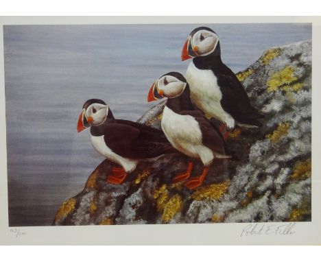 'Puffins on the Lookout', limited edition colour print No.183/200 signed and numbered in pencil by Robert E Fuller (British 1