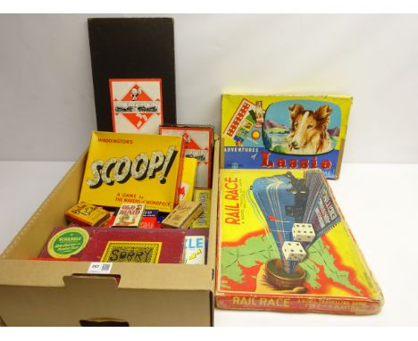 Vintage Chad Valley 'Lassie' board game, Monopoly, 'Rail Race' board game, packs of cards and other vintage games in one box 