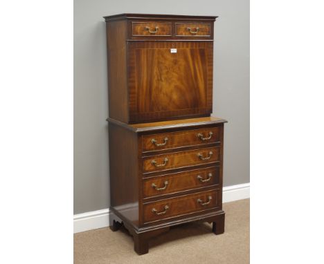 Reproduction mahogany secretaire cabinet, two short drawers above leather inset fall front with fitted interior, four graduat