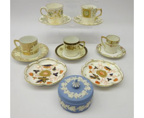 Two Royal Crown Derby 'Asian Rose' dishes & two coffee cans and saucers 'Green Derby Panel' & 'Grosvenor' patterns, three Nor