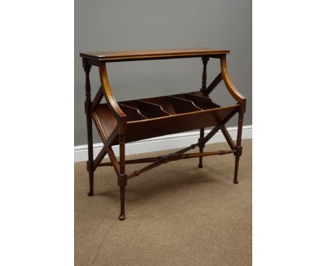 Reproduction Georgian style mahogany book trough stand, on moulded curved supports, turned x-shaped stretcher, W93cm, H85cm, 