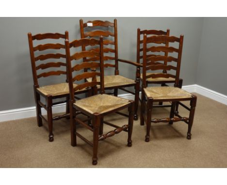 Set five (4+1) 20th century country elm ladder back dining chairs with rush seats Condition Report Click here for further ima