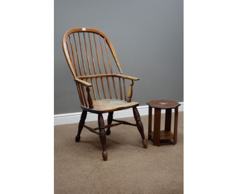 19th century double bow and stick back Windsor armchair (af) and a small occasional table with star inlay   Condition Report 