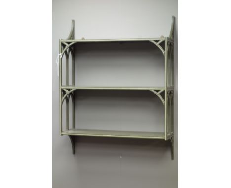 Regency style green painted three-tier wall shelf with Gothic detail, W53cm, H 70cm   Condition Report   Click here for furth