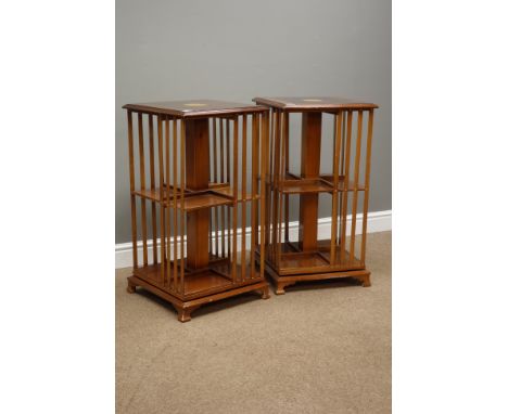 Pair reproduction mahogany and walnut burr revolving bookcases, inlaid fan motifs to tops, ogee bracket feet, 43cm x 43cm, H8