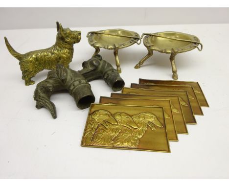 Hunting dog walking stick top, brass Scottie, plaques etc    Condition Report   Click here for further images, condition, auc