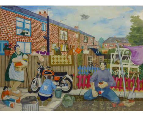 Garden Gossiping, 20th century acrylic signed and dated '82 by K. Fowler 54.5cm x 73.5cm Condition Report Click here for furt