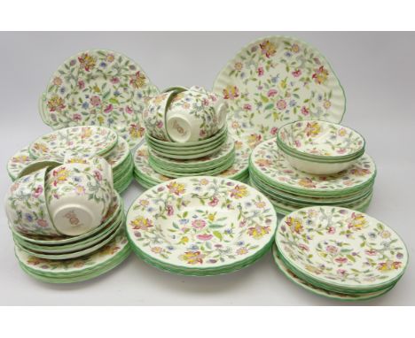 Minton 'Haddon hall' dinner and teaware comprising; eight cups and saucers, ten tea plates, twenty side plates, four salad pl