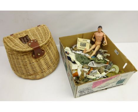 Vintage Action Man figure with Manual, clothing accessories including Space Suit and Helmet, Husky dog, win wicker fishing ba