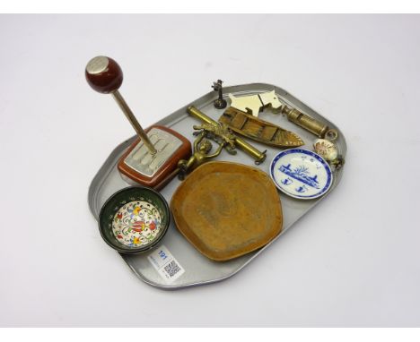 Teacher's Whisky copper tray, novelty pen stand in the form of a gear stick, brass scales, 19th century Chinese small circula