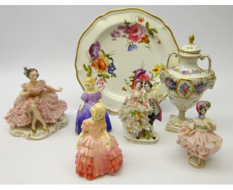 Early 19th century Royal Crown Derby plate, hand painted with floral sprays, Dresden urn shaped vase and cover with goat mask