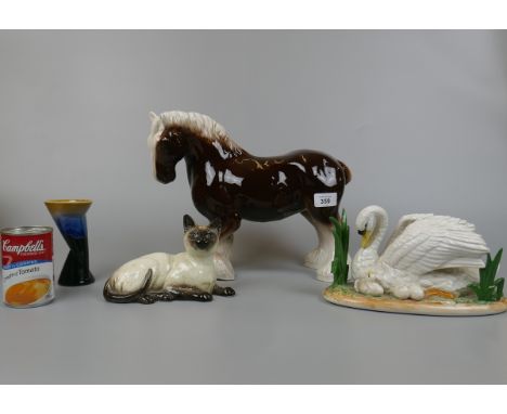 Large ceramic horse together with Beswick cat and unusual posy vase 