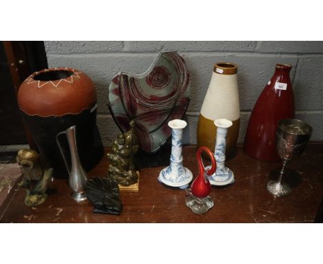Collectables to include Murano glass and a pair of Oxford England blue and white candlesticks 