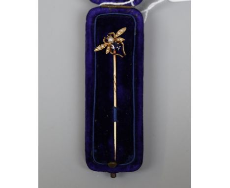 Gold pearl and sapphire stick pin in form of insect 