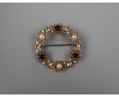 9ct gold ruby and seed pearl brooch 