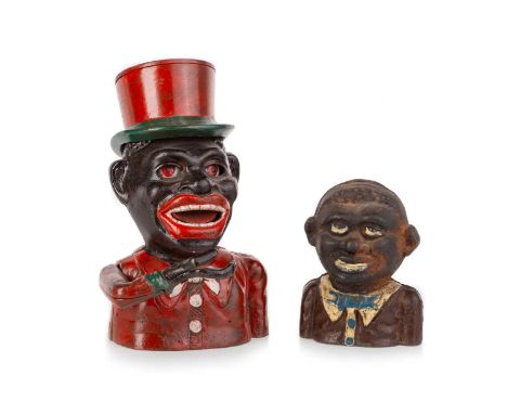 NOVELTY CAST IRON MECHANICAL MONEY BANK, EARLY 20TH CENTURY along with a further similar money bankthe larger - 18.5cm highQt
