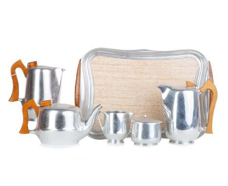 PICQUOT WARE FIVE-PIECE TEA AND COFFEE SERVICE, CIRCA 1960/70s comprising teapot, two coffee pots, sugar bowl and cream jug, 