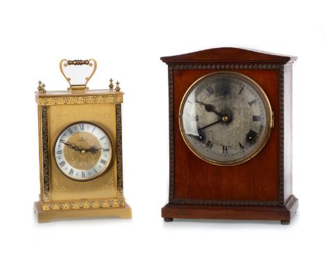 MAHOGANY MANTEL CLOCK, EARLY 20TH CENTURY with silvered dial and Roman numerals, along with a Junghans brass cased mantel clo