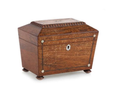 VICTORIAN ROSEWOOD TEA CADDY, LATE 19TH CENTURY of sarcophagus form, with two division interior, mother of pearl inlay and ra