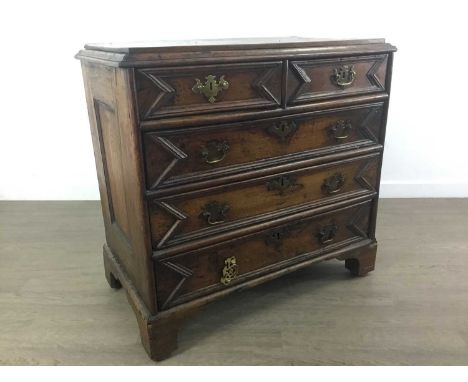 JACOBEAN STYLE OAK CHEST OF DRAWERS, LATE 17TH / 18TH CENTURY the two short over three graduated long drawers with applied ge