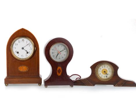 EDWARDIAN INLAID MAHOGANY MANTEL CLOCK, with lancet top and Sheraton panel, Arabic numerals, the movement marked Ansonia Cloc