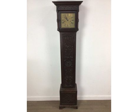 OAK GRANDMOTHER CLOCK, EARLY 20TH CENTURY of Jacobean design, with twin train eight day movement striking on a bell, the engr