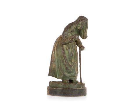 FRENCH BRONZE FIGURE, LATE 19TH / EARLY 20TH CENTURY modelled as an old lady with walking stick, on a marble base23cm high