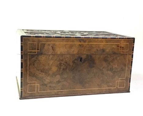 VICTORIAN BURR WALNUT WRITING SLOPE, LATE 19TH CENTURY the hinged cover cover carved with central monogram and date 1897, ope