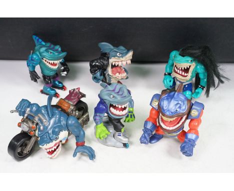 Six Mattel / Street Wise Street Sharks to include Rip Rider, Slammu, Rox, Ripster, etc, showing some play wear but gd overall