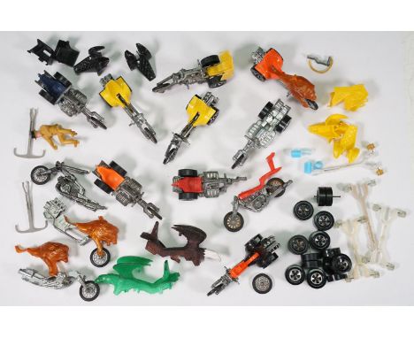 Group of Mattel Hot Wheels RRRumbler spare parts and repairs to include motorbikes, bodies, wheels, guide and a rider
