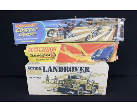 Three boxed toys to include Palitoy Action Man Landrover, Matchbox Chopper Chase CH-1 and Matchbox Superfast SF-2 Loop Set (M
