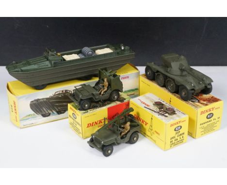 Four boxed French Dinky military diecast models to include 825 DUKW, 827 Panhard FL 10, 829 Jeep Porte Canon and 828 Jeep Por
