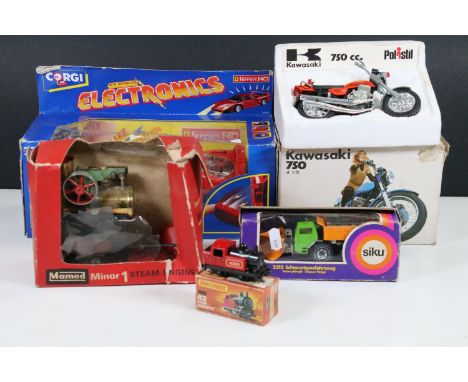 Four boxed diecast models to include Polistil MS103 Kawasaki 750, Corgi Electronics Ferrari F40, Siku 2212 Snow Plough and Ma