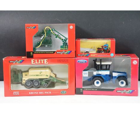 Four boxed Britains 1/32 diecast farming models to include 42107 Ford FW30 Tractor, 00048 Spearhead Orbital Reach Mower, Elit