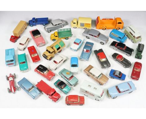 35 Mid 20th C playworn diecast models to include Budgie Commer Low Loader, Triang Spot On Ford Anglia, Triang Spot On Friskys