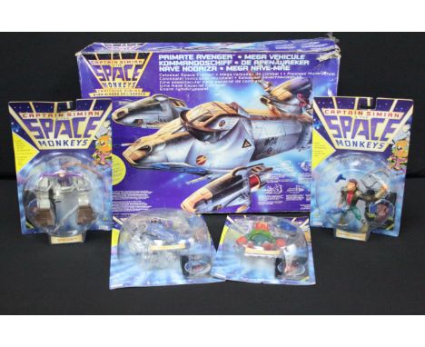 Five boxed / carded Bluebird Mattel Captain Simian &amp; The Space Monkeys figures and vehicles to include Primate Avenger, S