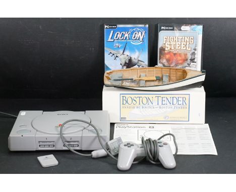 Retro Gaming - Sony PlayStation PS1 games console, together with a PS1 controller and Memory Card and 2 x PC games including 
