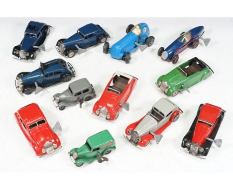 12 Triang Minic Pre-Post War tinplate and clockwork models to include Traffic Control Car 29M, Traffic Control Car with two w