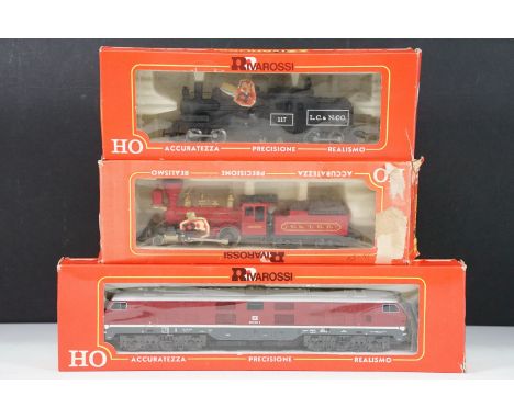 Three boxed Rivarossi HO gauge locomotives to include 1996 DB Diesel 232 001-8, 1208 2-4-0 Bowker V&amp;TRR and 1219 Heisler 