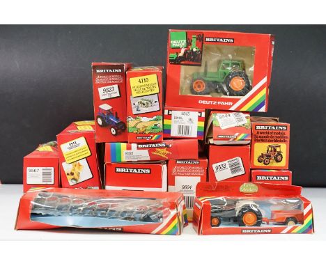 12 Boxed Britains diecast farming models to include 9523 Ford Tractor 7710, 9530 Deutz Eight Wheeled Tractor, 9578 Loader Wag