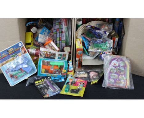 Large collection of vintage toys and collectables to include boxed Friction Powered Steam Rollers, bagged plastic Bagatelle b