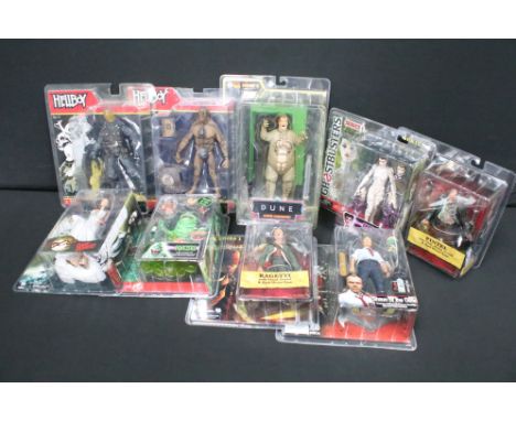 Nine carded movie related figures to include 2 x Mezco HellBoy (Roger & Johann), Sota Toys Dune Baron Harkonnen, 2 x Neca Pir