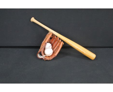 Baseball - Louisville Slugger baseball bat plus 2 x Rawlings baseballs and an SSK Dimple II left hand catch glove 