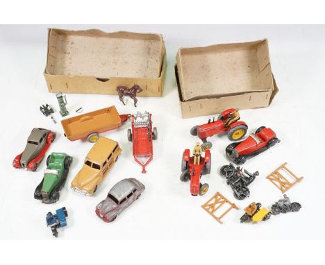 12 Mid 20th C play worn Dinky diecast models to include 2 x Massey Harris Tractors, AA Motorbike &amp; Sidecar, Halesowen Far